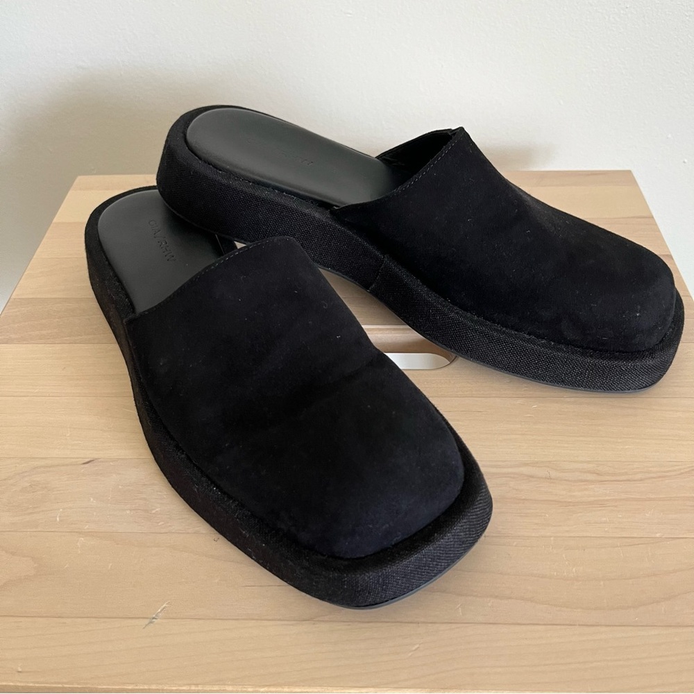 GIA/RHW Black Suede Slip on Minimalist Rounded Square Toe Mules